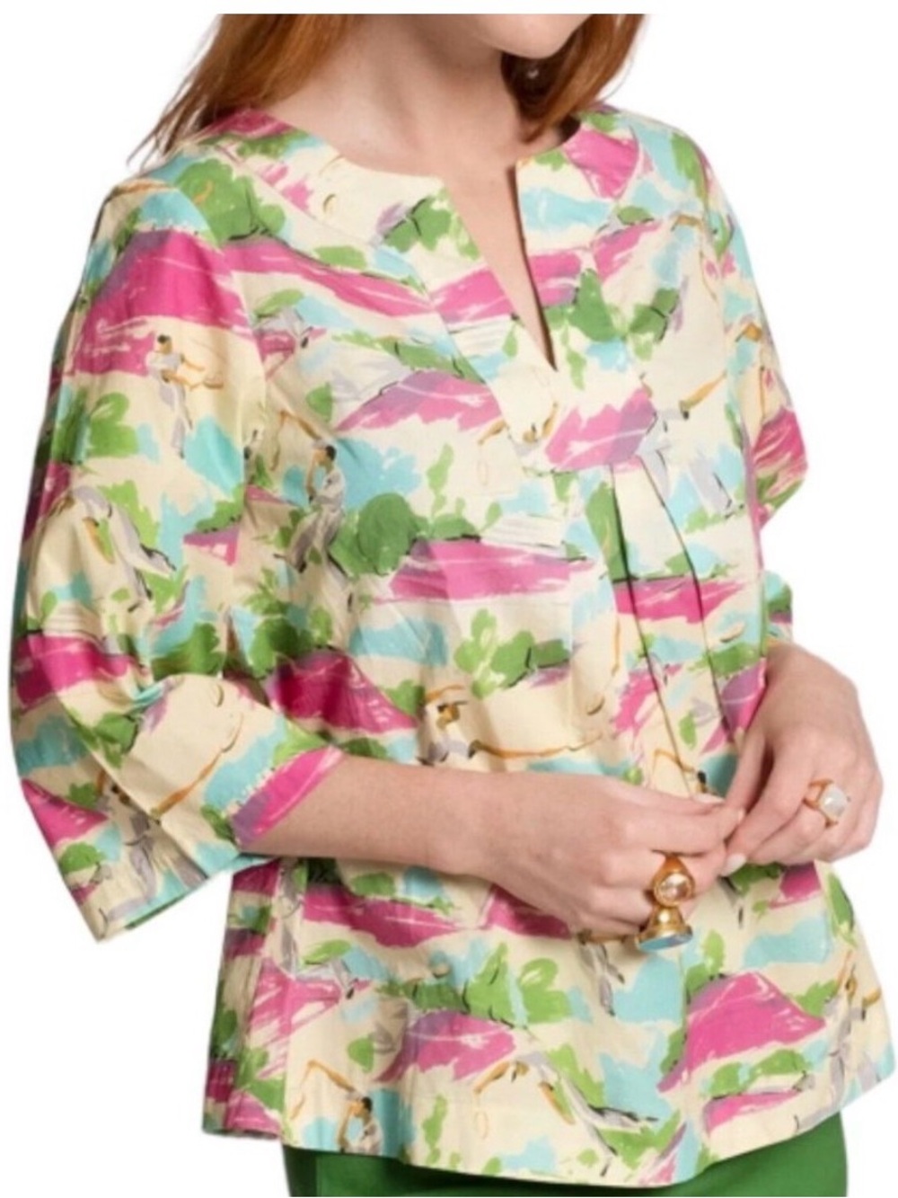 Frances Valentine Cotton Poplin Easy Top Game Set Match Tennis Print Size XS NWT